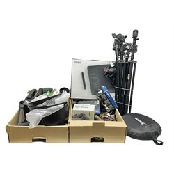 Rocwing photography studio lighting stands and shades, together with digital cameras and other camera equipment, in three boxes  