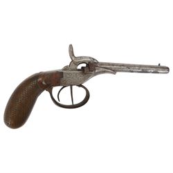 19th century side by side percussion pistol, with double hammers and triggers and foliate engraved action, with chequered and fluted grip, L23cm
Sold as an exempt item under Section 58 (2) of the 1968 Firearms Act, to be held as a curiosity or ornament