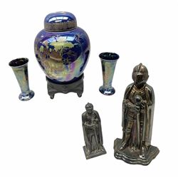 Mid 20th Century cast metal fire companion set modelled as a Medieval knight in armour, H38cm, together with another similar smaller knight and Carlton Ware Chinoiserie pattern ovoid ginger jar and cover, decorated with a pagoda and bridge scene on a cobalt blue lustre ground, upon stand, together with two lustre Cetem Ware tapering vases, tallest H26cm