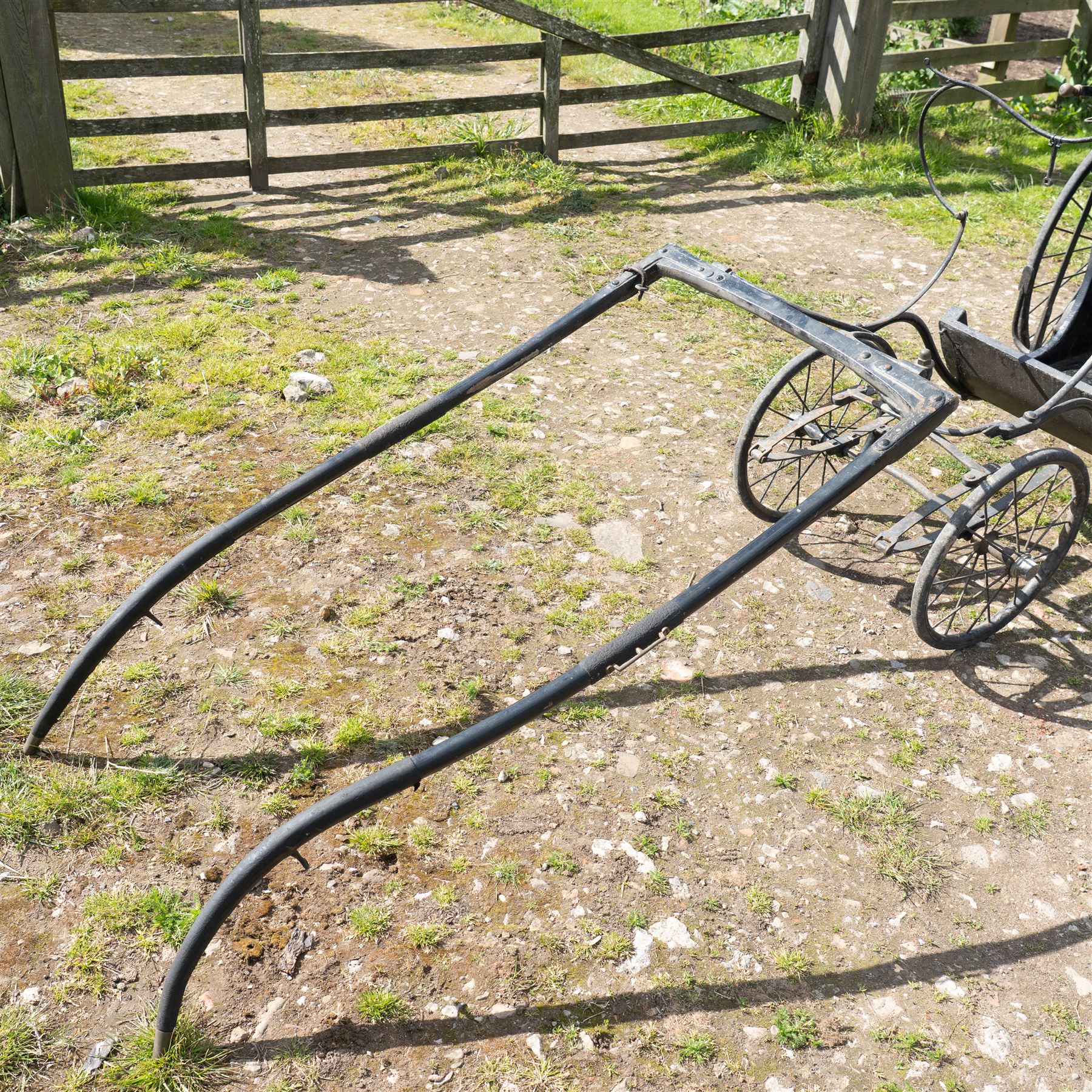 Victorian Bath Chair / Invalid Carriage Converted for Horse Drawn Use

A Victorian bath chair or invalid carriage, later converted for horse drawn use, with black painted bodywork, blue side panels, folding black leather hood and upholstered single passenger seat. The carriage is fitted with large rear wire spoked wheels, smaller front steering wheels, long shafts, footwell and curved body sides, consistent with a late nineteenth century invalid carriage or bath chair form adapted for pony or light horse use.

Features

Bath chair or invalid carriage form
Later converted for horse drawn use
Folding black leather hood
Single upholstered passenger seat
Deep footwell
Black painted body with blue side panels
Large rear wire spoked wheels
Smaller front steering wheels
Long shafts
Lightweight carriage frame

Dimensions:
Overall length: 380 cm
Body length: 204 cm
Width: 88 cm
Height: 178 cm

Wheel Diameters:
Front wheels: 47 cm
Rear wheels: 88 cm

Seating:
Driver: 1
Passenger: None