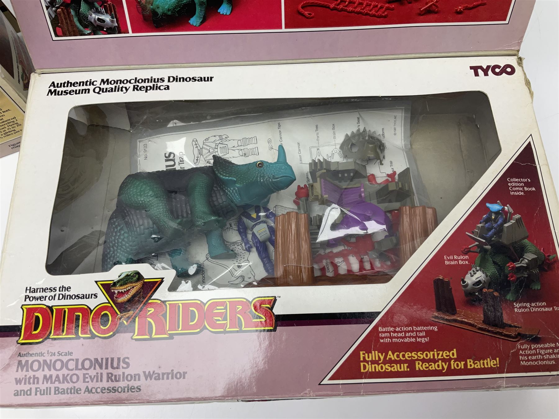 Three Tyco Dino-Riders by Action GT playsets - Pteranodon with Rasp Evil Rulon Warrior; Monoclonius with Mako Evil Rulon Warrior; and Placerias with Skate Evil Rulon Warrior; all boxed (3)