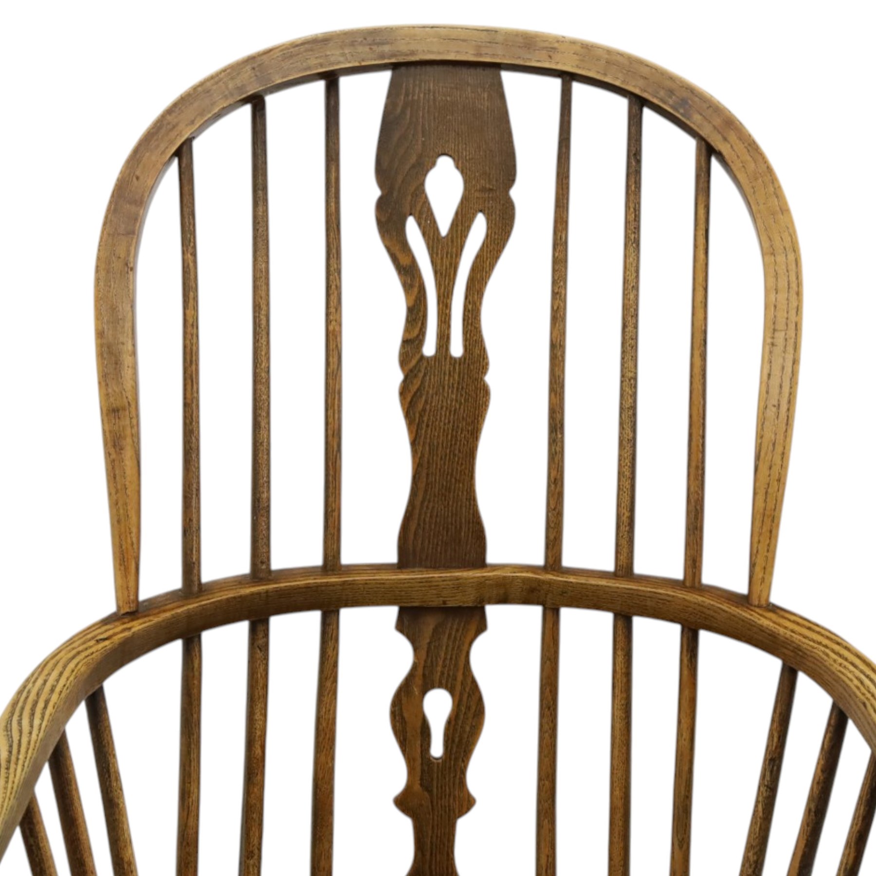 Early 20th century elm and ash high-back Windsor chair, double hoop-and-stick back with pierced and shaped splat, on turned supports joined by H-stretcher