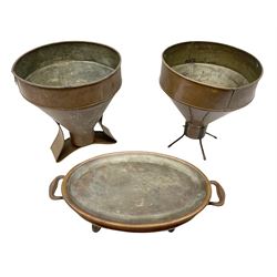 Agricultural copper corn funnel, H32.5cm, another similar copper funnel and copper warming platter of oval form, with twin handles on four supports, with removeable warming plate, L49cm