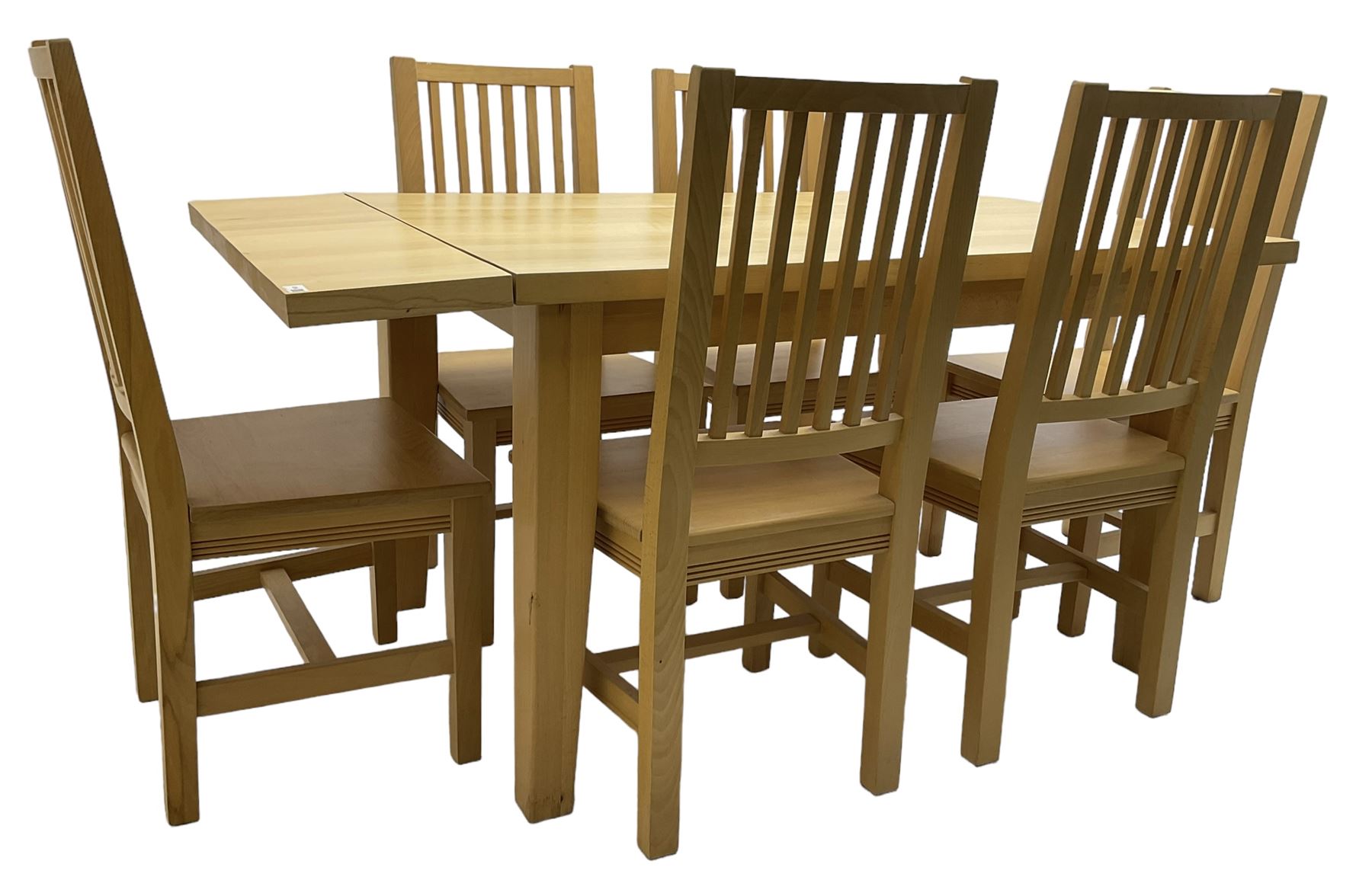 Solid beech rectangular dining table (89cm x 135cm - 160cm, H77cm); together with a set of five beech dining chairs