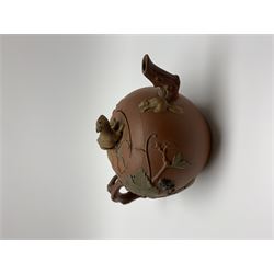 19th century Staffordshire redware teapot, with crabstock handle and spout, the body decorated with applied fruiting vines and squirrel figure, the cover with conforming squirrel finial, H10cm