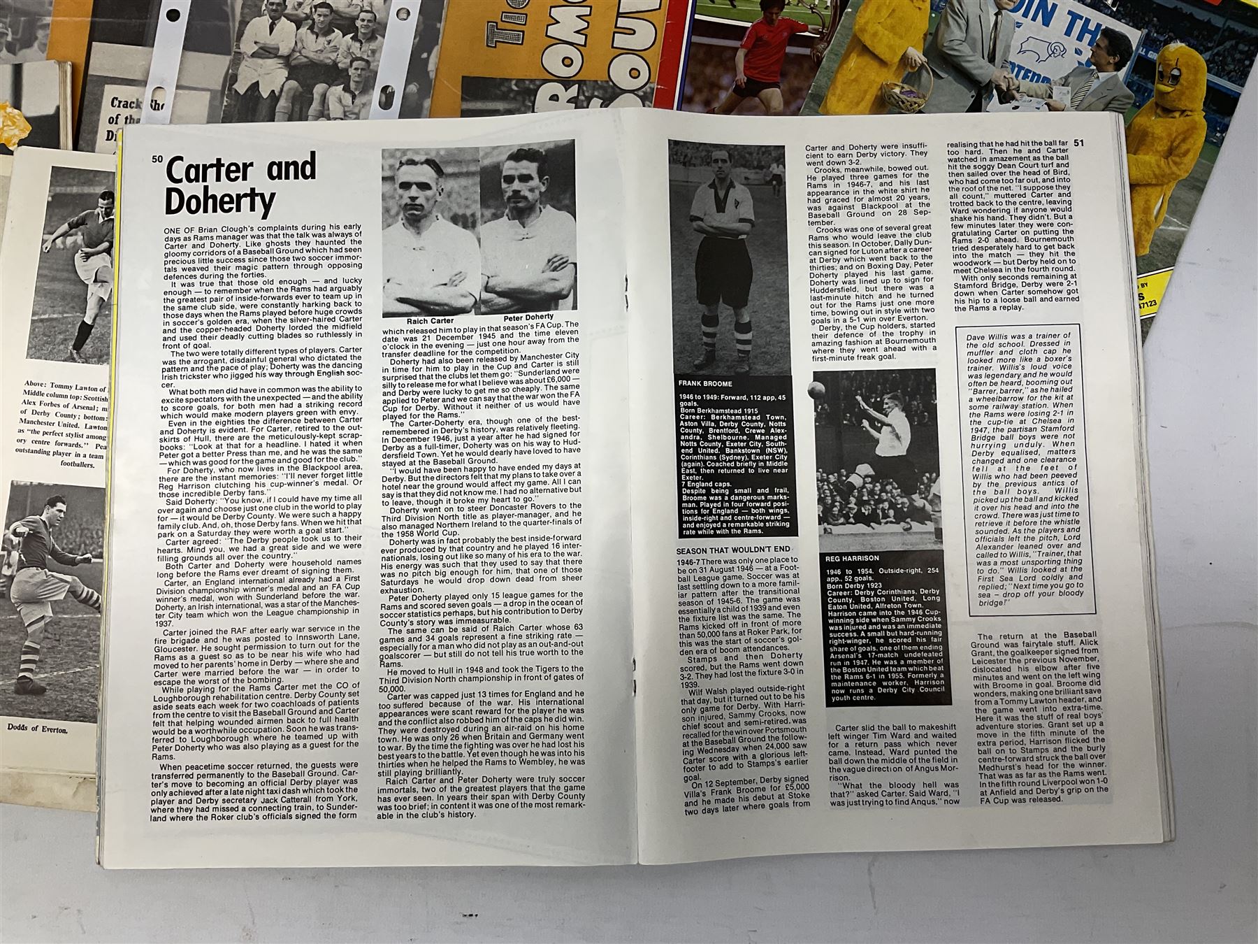 Raich Carter interest - four Hull City Tiger Mags 1949-50 and Promotion Souvenir 1948/49; Sunderland, Leeds, Middlesbrough, Hull City and England match programmes; Victor pirate F.A. Cup Final programme 1951; various magazine articles etc. Provenance: By direct descent from the family of Raich Carter having been consigned by his daughter Jane Carter.