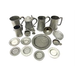 Group of George III and later pewter, to include four tankards, one example stamped 'City of Bristol', and plates of various size, including small plate engraved 'George Inn', various touch marks 