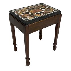 19th century marble specimen table, central rectangular plaque in black and white chequered lozenge, surrounded by fragments and cube motifs, housed within a mahogany stand with moulded top edge, square tapering supports with peg spade feet