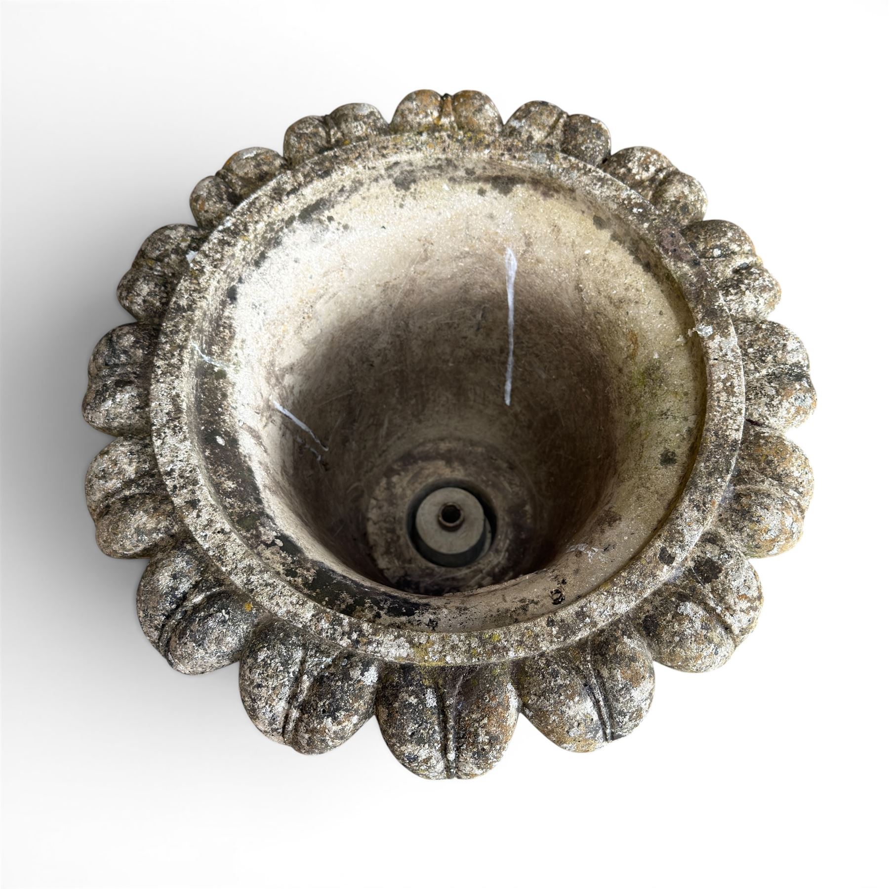 Cast stone tulip urn, petal rim with bell shaped bowl on squat base, stamped HGC; with associated plinth (2)