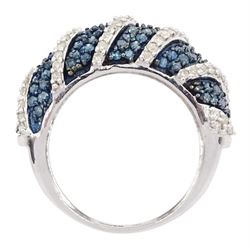 White gold pave set blue and white diamond ring, hallmarked 9ct, total blue diamond weight approx 1.05 carat, total white diamond weight approx 0.45 carat