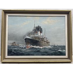 Colin Verity (British 1924-2011): 'Express Packet To Hamburg', the Great Central Railway Company steamer Immingham, oil on board signed, inscribed verso 34cm x 49cm 
Notes: Immingham, built by Swan Hunter of Wallsend and launched on 8th May 1906, was one of two 18 knot steamers commissioned by the GCR for the Grimsby-Rotterdam route, alongside Marylebone.
The ship's Parsons steam turbines were direct-drive units that proved uneconomic, and both vessels were soon rebuilt as single-screw steamships with the funnels of each reduced in number from two to one. She was requisitioned in 1915 by the Admiralty for Royal Navy use as a stores carrier and renamed HMS Immingham. She sank on 6th June 1915 after a collision with the boom defence vessel HMS Reindeer in the Mediterranean Sea, whereas Marylebone was maintained for another twenty years before being scrapped in 1938.