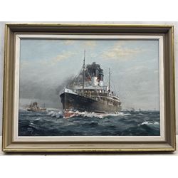 Colin Verity (British 1924-2011): 'Express Packet To Hamburg', the Great Central Railway Company steamer Immingham, oil on board signed, inscribed verso 34cm x 49cm 
Notes: Immingham, built by Swan Hunter of Wallsend and launched on 8th May 1906, was one of two 18 knot steamers commissioned by the GCR for the Grimsby-Rotterdam route, alongside Marylebone.
The ship's Parsons steam turbines were direct-drive units that proved uneconomic, and both vessels were soon rebuilt as single-screw steamships with the funnels of each reduced in number from two to one. She was requisitioned in 1915 by the Admiralty for Royal Navy use as a stores carrier and renamed HMS Immingham. She sank on 6th June 1915 after a collision with the boom defence vessel HMS Reindeer in the Mediterranean Sea, whereas Marylebone was maintained for another twenty years before being scrapped in 1938.