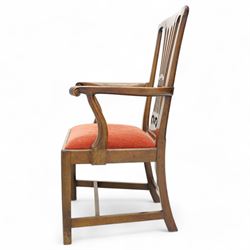 George III mahogany open elbow chair, shaped cresting rail over pierced splat, shaped arms with scroll carved terminals, drop-in seat upholstered in red fabric, on square supports with moulded edge united by plain stretchers 