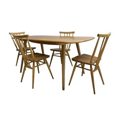  Ercol - elm and beech dining table, rectangular top with rounded corners on splayed supports; and set of four elm and beech ‘Windsor’ stick back dining chairs
