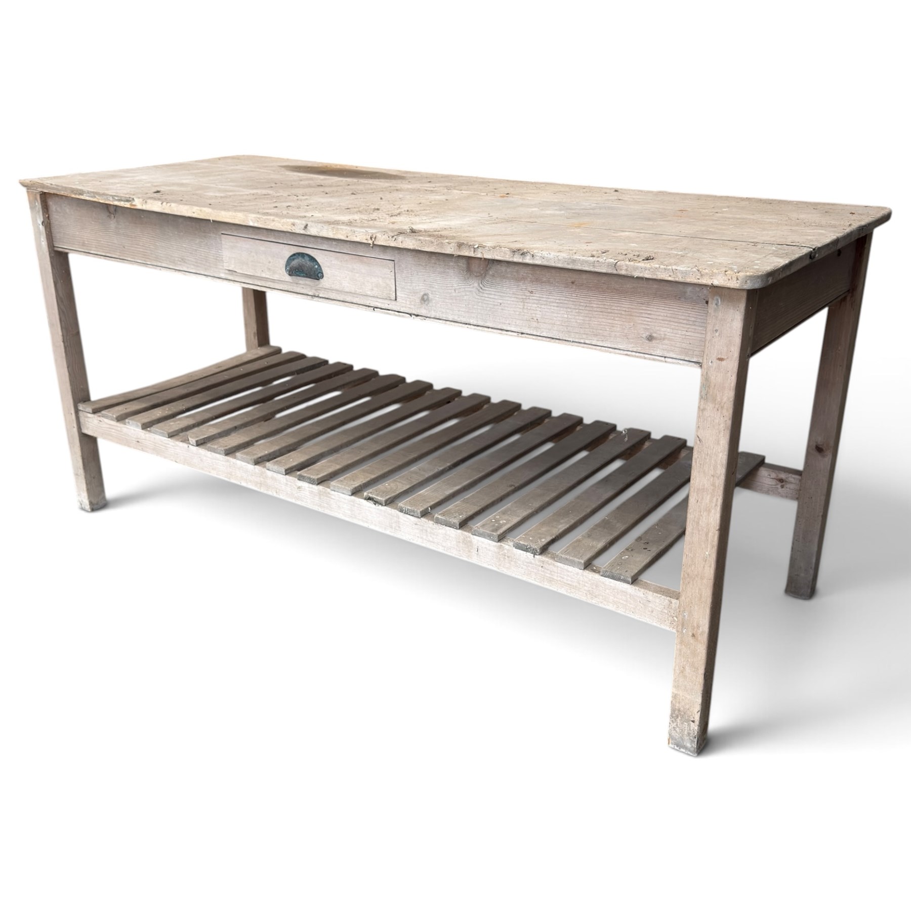 Large 19th century painted pitch pine scullery table, rectangular triple plank top fitted with single drawer, raised on square supports united by slatted under-tier