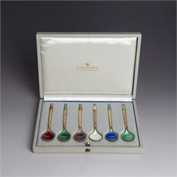 Set of six Danish silver-gilt and guilloche enamel demitasse spoons by Anton Michelsen, st...