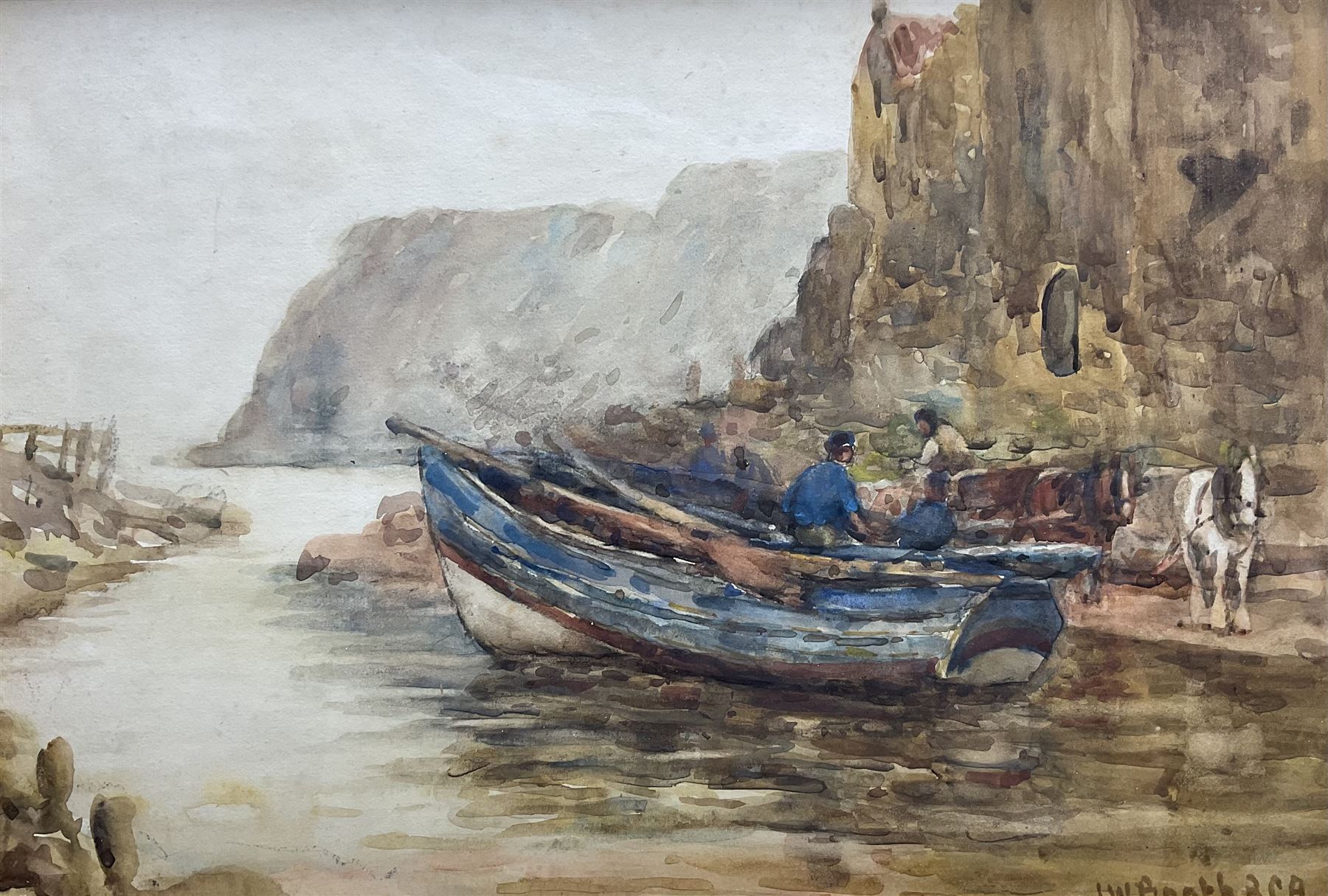 James William Booth (Staithes Group 1867-1953): Cobles at Staithes with Horse and Cart on the Beckside, watercolour signed 24cm x 36cm