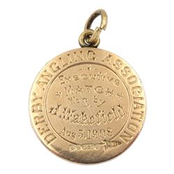 Edwardian 9ct gold 'Derby Angling Association' presentation pendant medallion, by Walker & Hall, Sheffield 1908, approx 13.1gm
