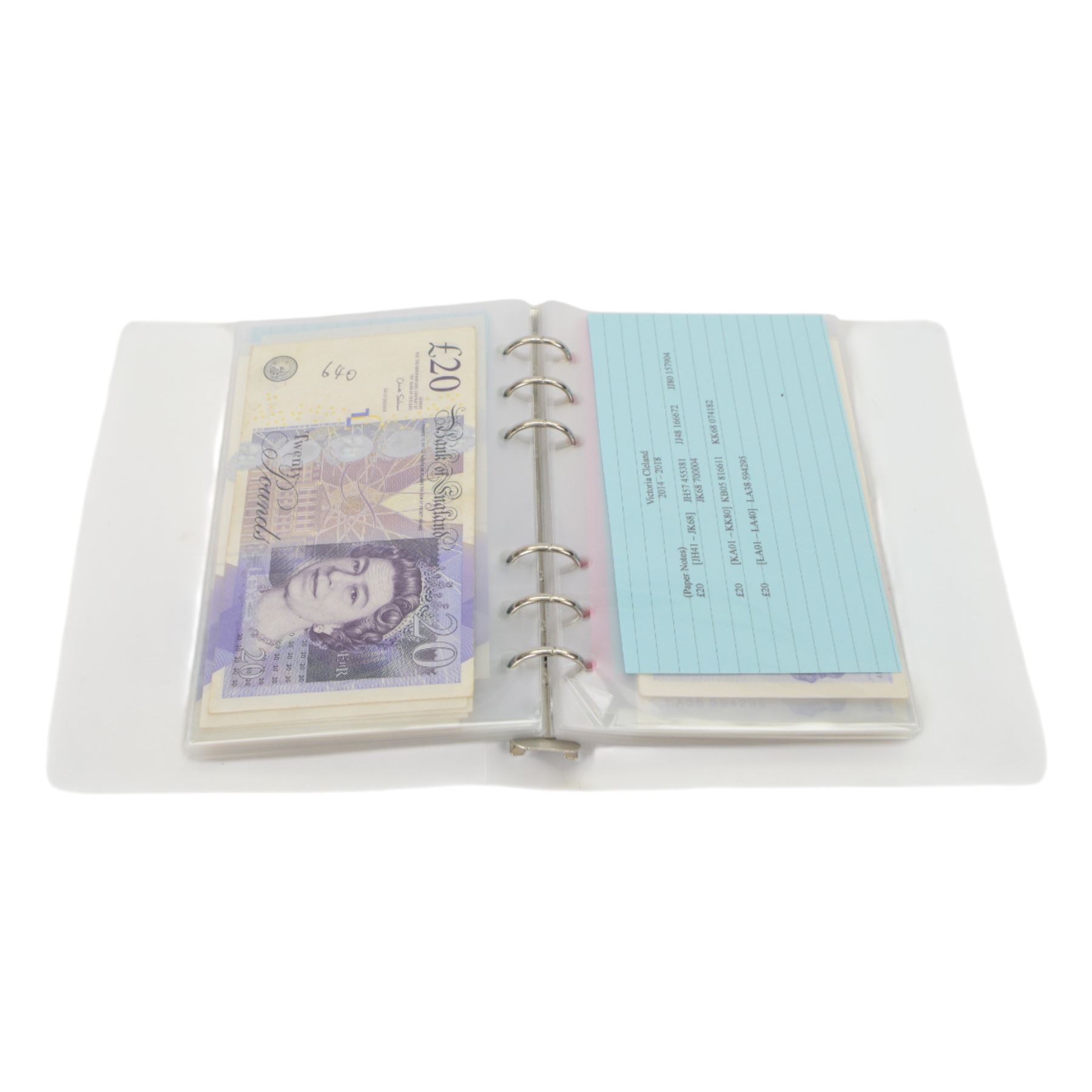 Collection of Bank of England notes, comprising Page twenty pound (2), Somerset twenty pound (2), Gill twenty pound (2), Kentfield twenty pound (3), Lowther twenty pound (4), Bailey twenty pound (9), Salmon twenty pound (7), Cleland twenty pound (7), John twenty pound (2), Kentfield fifty pound (4), Lowther fifty pound (1), Bailey fifty pound (2), Salmon fifty pound (3), and Cleland fifty pound (3), many uncirculated, housed in ring binder folder, total face value 1410 GBP
