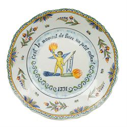 Set of four French Nevers style revolutionary faience plates, the first painted with a portrait of 'Evêque de Meaux' or the Bishop of Meaux,  another decorated with a putto holding a flaming torch and a flag inscribed 'W Lamour' beneath a slogan 'Cest le moment de faire un petit enfant' or 'Now is the time to make a child', another decorated with 'Vive les bons citoyens' or 'Long live the good citizens' within foliage, and another with a portrait of an officer, probably Napoleon, with the phrase 'Vive la Nation' or 'Long live the Nation', each bearing dates, with indistinct blue monogram to bases, D24cm (4)