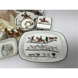 Collection of ceramics including Wedgwood Hunting Scenes clock, trinket box and other items, Coalport Karen and Beatrix potter figures and dish 
