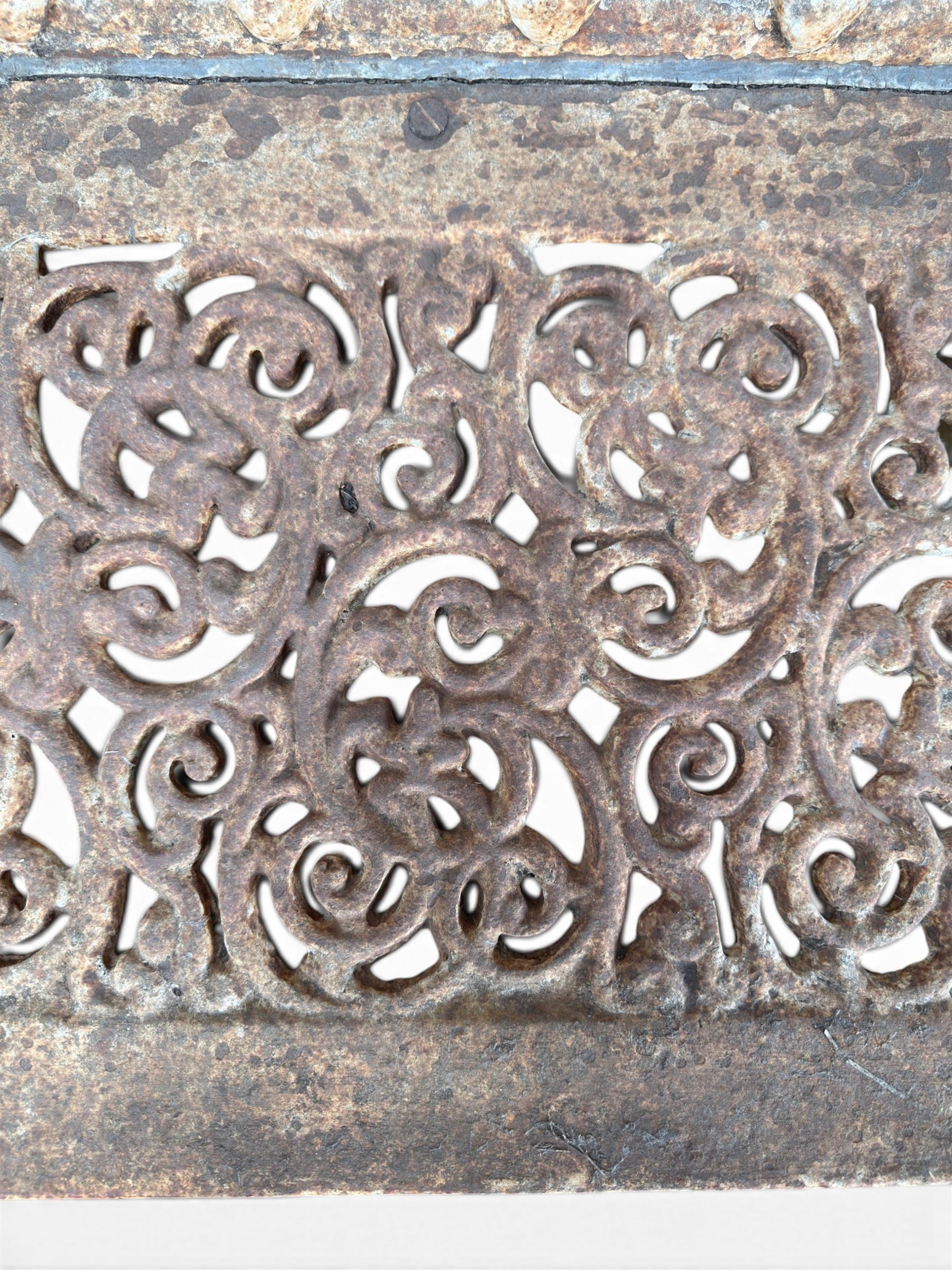 Victorian revival Carron Foundry design heavy cast iron two seat garden bench, scrolled arms with pierced lattice seat, finished in antique white paint