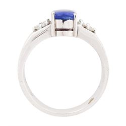 18ct white gold sapphire and diamond ring, cushion cut sapphire of approx 1.00 carat, with three round brilliant cut diamonds set either side, total diamond weight approx 0.10 carat