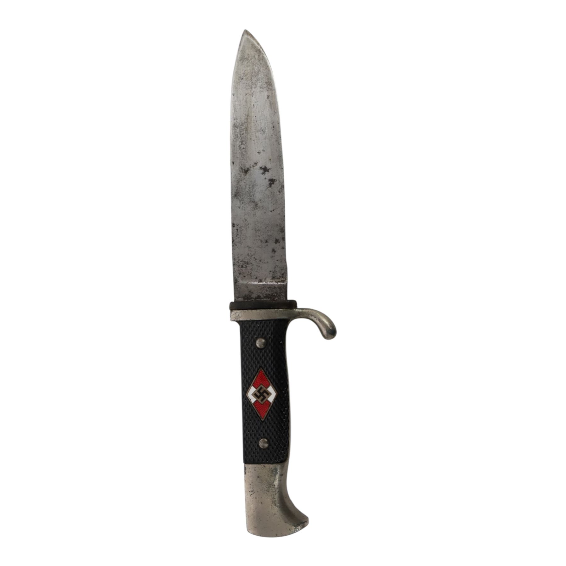 WWII German Third Reich Hitler Youth knife, the 13cm blade marked RZM M7/13, chequered black grip with inset enamel diamond shaped insignia, with scabbard and leather frog, overall L25cm