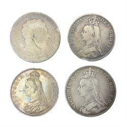 Queen Victoria 1889 silver crown coin, two double florins dated 1887, 1890 and a George III crown with illegible date (4)