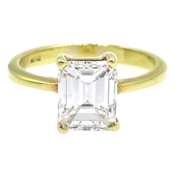  18ct gold emerald cut diamond ring, stamped 750, diamond approx 2 carat, colour I, clarity VS1, with W.G.I certificate  