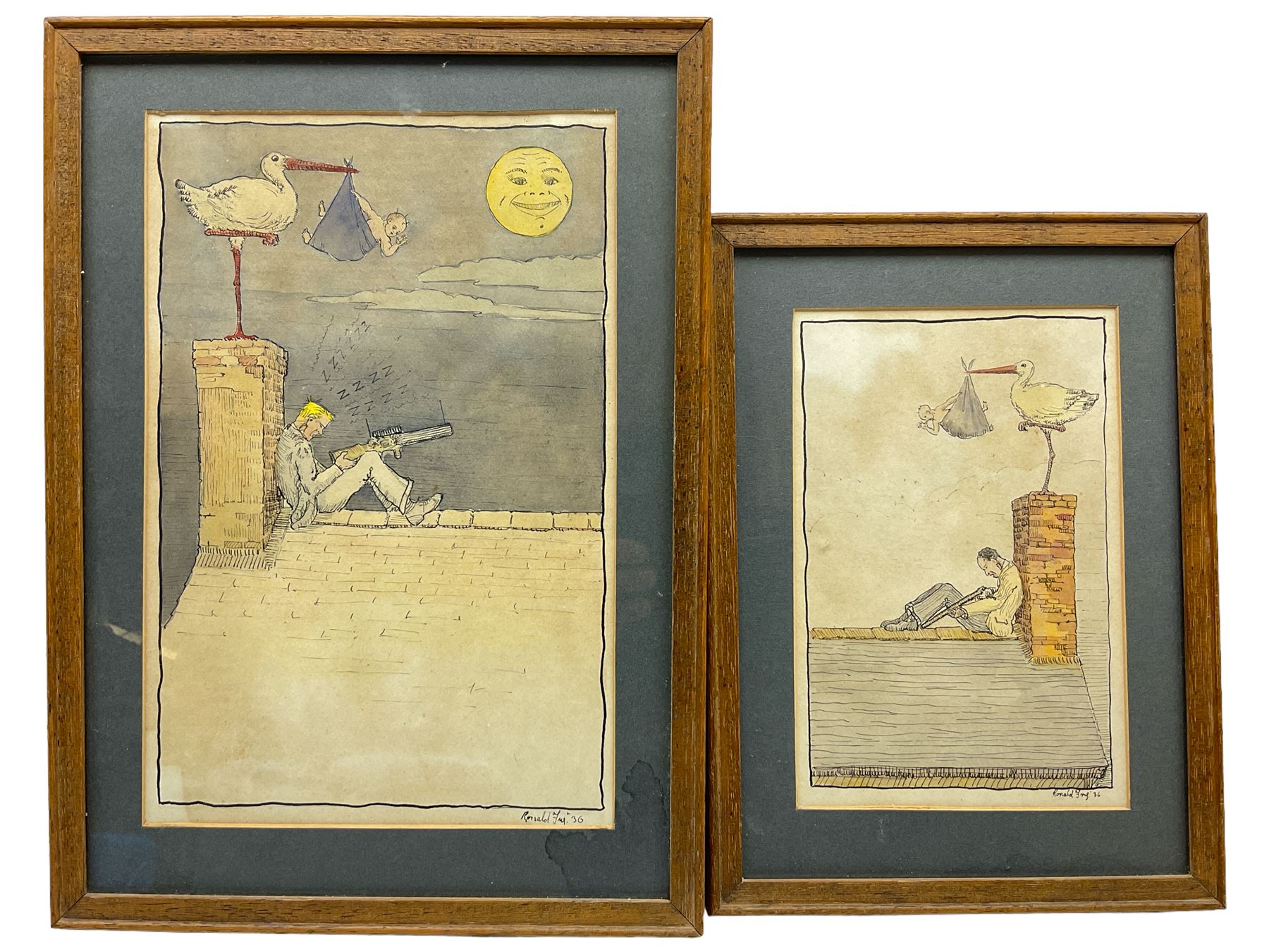 Ronald Fry (British Early 20th century): Storks Delivering Babies on Rooftop, pair cartoon pen and ink sketches signed and dated '36 max 25cm x 16cm (2)