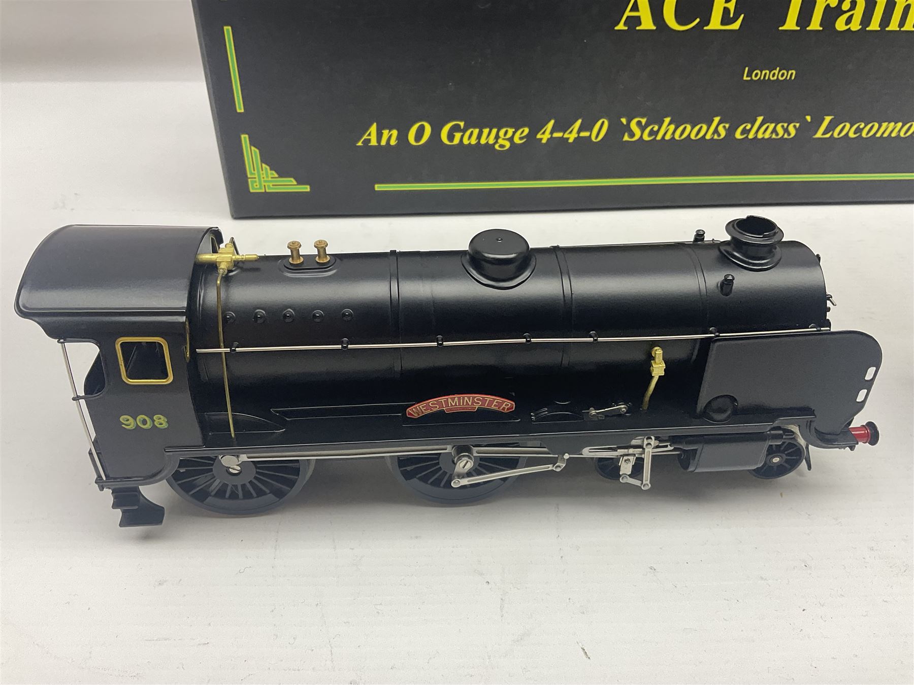 Ace Trains '0' gauge - E/10 Schools Class 4-4-0 locomotive 'Westminster' No.908 and tender in SR Wartime black; boxed with instructions, original packaging and invoice dated 26/09/2012 in outer delivery box
