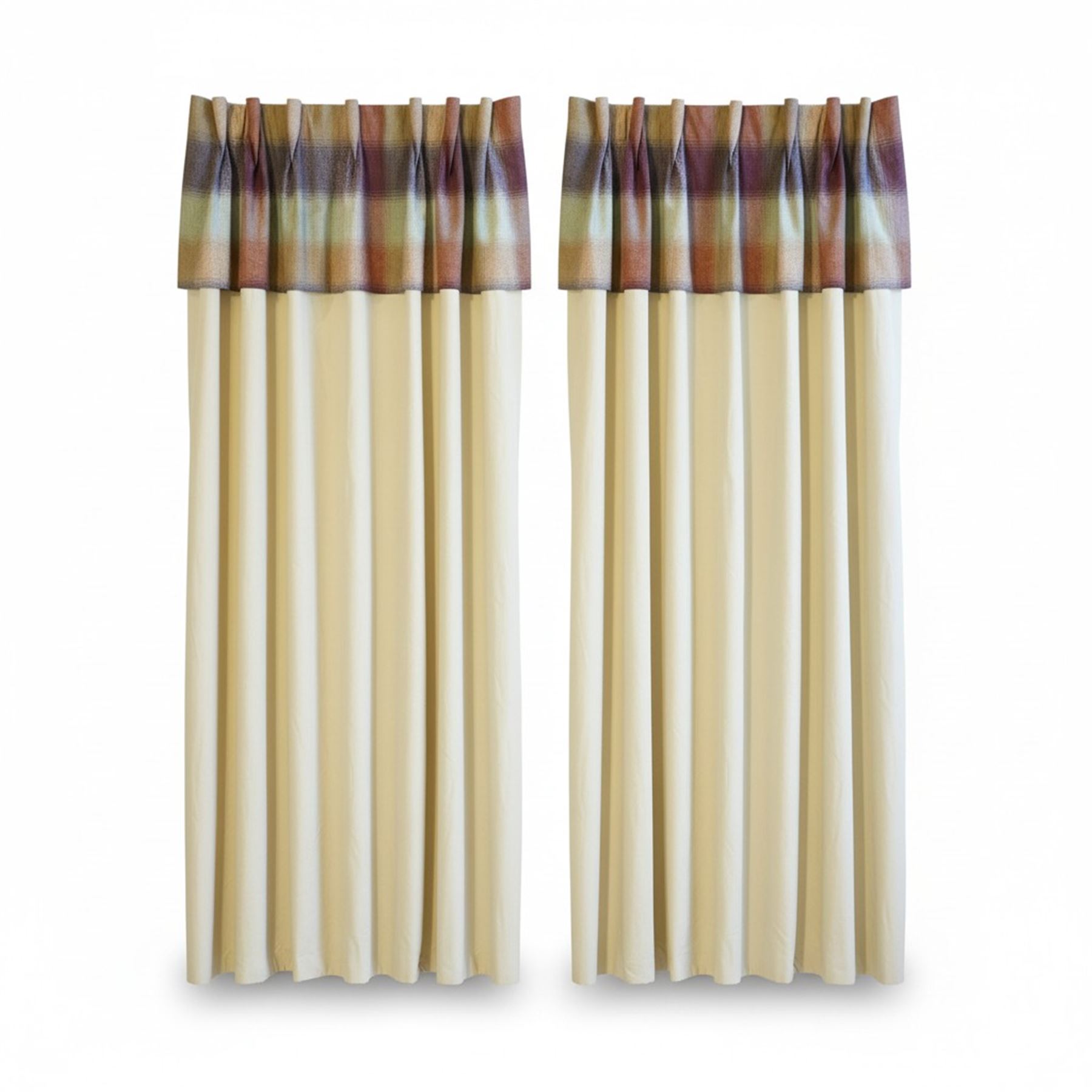 Pair of (190cm) quality full height Linara Wicker curtains with Moon Kilnsey heading, interlined overall height 228cm, overall width 190cm (each curtain) 