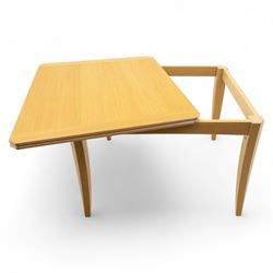 Ercol - light oak ‘Artisan’ rectangular dining table with chamfered top extending fold over top and tapered legs, together with two matching high back dining chairs upholstered in textured beige fabric (Chairs H 98cm, W 47cm, D 52cm)