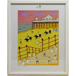 David Barrow (Northern British 1959-): 'The Pier', oil on canvas with cut-out relief laid on board signed, titled and dated December 2014 on artist's studio label verso 40cm x 30cm

