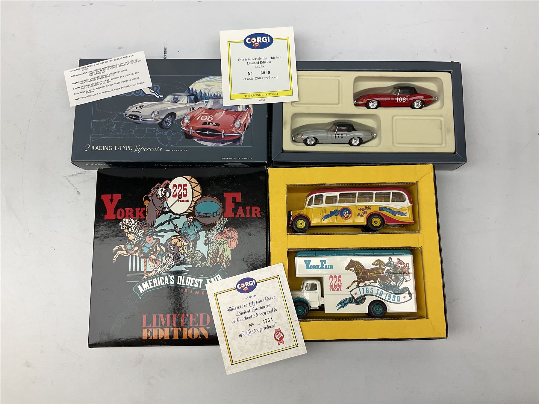 Corgi - eight die-cast model sets comprising D54/1 Four National Resources Vans; 97740 The Times Classic Set; D47/1 The Bash Street Kids; America's York Fair 225 Years; 97701 Two Jaguar E-Types; 97200 BRS Vans; 97690 Ferrari 1962 Tourist Trophy Set; and 97705 Jaguar 1953 RAC Rally Set; most limited editions; all boxed (8)