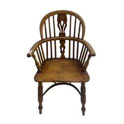 19th century elm and ash Windsor armchair, low stick back with central pierced splat, dished seat raised on turned supports united by crinoline stretcher