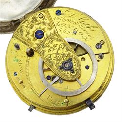 George IV fusee pocket watch by D Gafs, 42 Oxford Street London, No. 452,  engraved balance cock decorated with a mask and diamond endstone, white enamel dial with Roman numerals and subsidiary seconds dial, case by John Dyer, London 1822