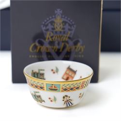 Royal Crown Derby 'Treasures of Childhood' miniature tea service, together with Humpty Dumpty figure, ragdoll, mug, and miniature sugar bowl, all boxed 