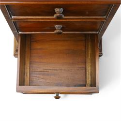 Willis & Gambier - cherrywood dressing table with mirror and stool, three-part mirror on turned uprights with finials, rectangular top above three cushion-moulded frieze drawers, twin pedestals each fitted with three graduated drawers, panelled sides and stepped plinth bases, stool with turned supports and padded seat