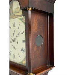 Samuel Ritchie of Forfar - William IV 8-day Scottish longcase clock in a mahogany case, with a swans neck pediment, brass paterae and three ball and spire brass finials, case and trunk inlaid with satinwood stringing on a plinth raised on decorative bracket feet, painted break arch dial depicting a costal scene to the break arch and conch seashells to the spandrels, Roman numerals, subsidiary seconds and date dials with matching steel hands, with a rack striking movement striking the hours on a bell. With weights, key, and pendulum.  Samuel Ritchie is recorded as working in Forfar 1800-37.