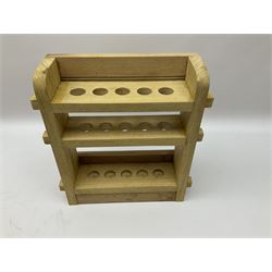 Pipes and two tiered wooden rack together with eleven pipers, including briar pipe carved as a wolf, Sea Dog straight pipe, John Brumfit pipe, meerschaum pipe ect, pipe rack H29.5cm