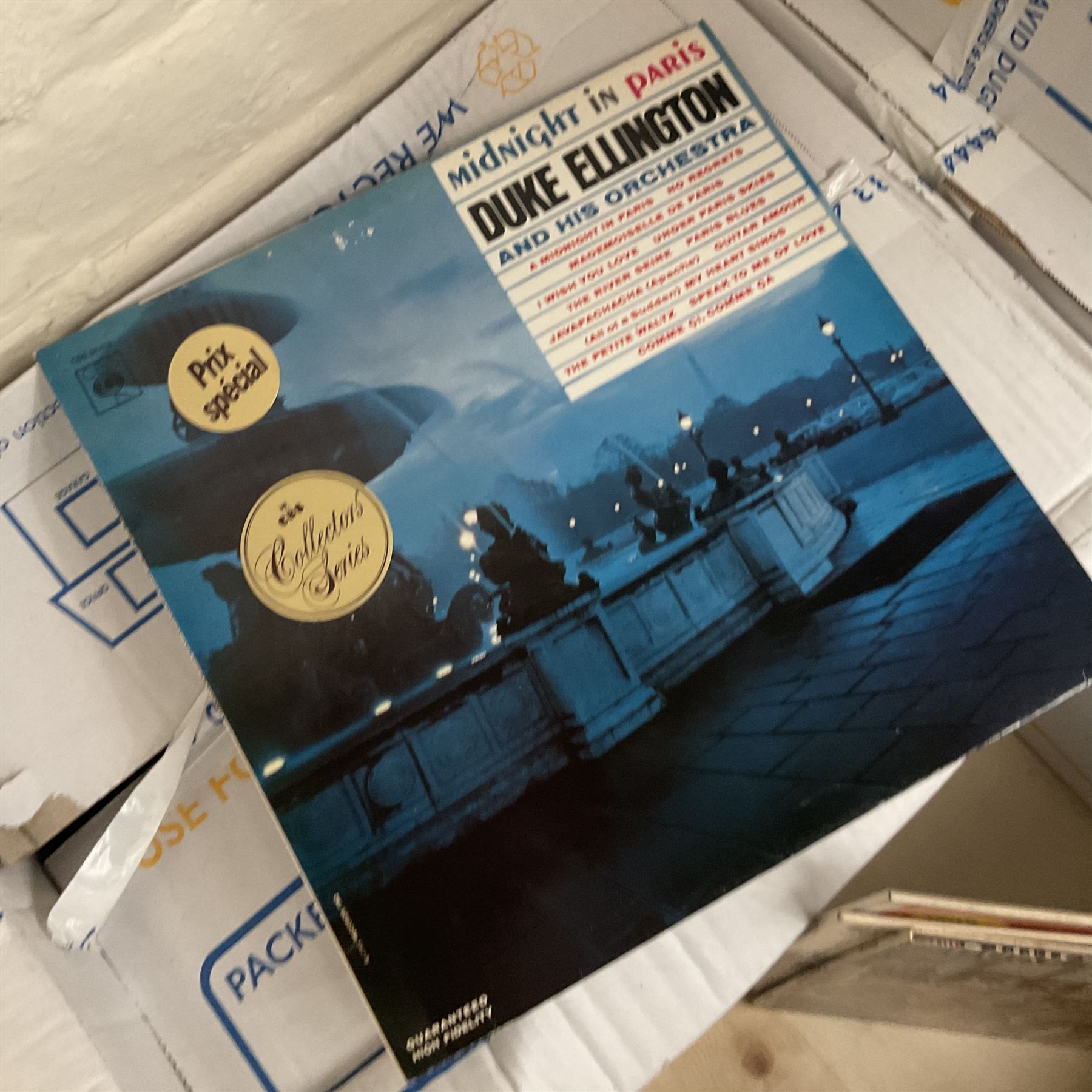 Collection of vinyl LP records in four boxes, mainly Jazz and Classical including Piano Rags by Scott Joplin, Sarah Vaughn, Duke Ellington and His Orchestra and Louis Armstrong, etc