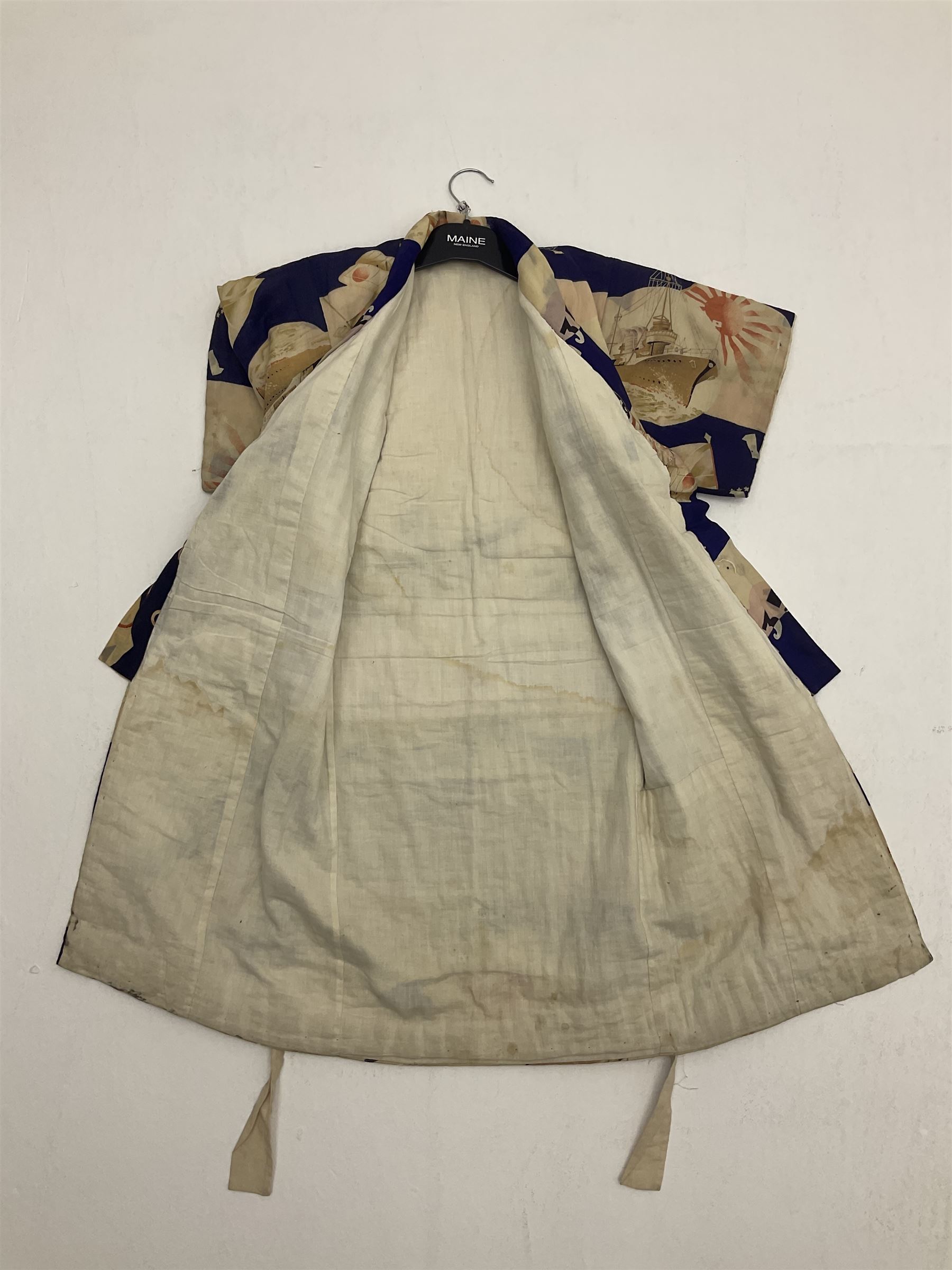 1930s Japanese fully lined kimono decorated with Japanese naval vessels and bi-planes, Japanese, American and British flags and dated 1935; looks to be child's size