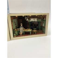 Four small dioramas, comprising a cottage sitting room, with elderly couple and dog and cat, country kitchen with cook and ginger cat, girls bedroom, and bathroom, each H13.5cm L21cm D13.5cm.