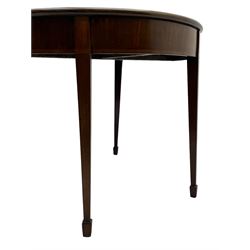 George III inlaid mahogany card table, demi-lune fold-over top with satinwood band and large fan motif, baize lined interior, double gate-leg action base, on square tapering supports with spade feet