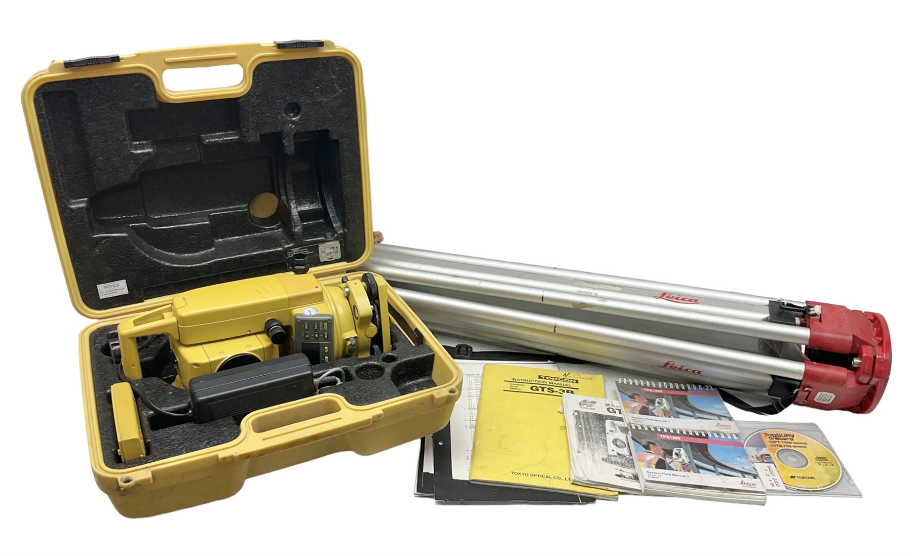 Topcon land surveying equipment - GTS 226 Electronic Total Station, serial no.UN4962; in carrying case with charger and spare battery; together with Leica tripod (2)