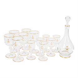 Baccarat decanter, six wine glass and six port glasses,  all with a gilt band to the rim a...