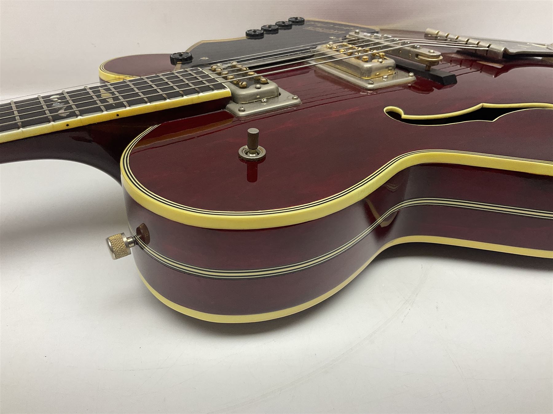 American Gretsch Super Chet semi-acoustic guitar, 1960s/70s, with 'pots' on scratch plate, serial no.5 2071, L111cm overall;  in original hard carrying case  
