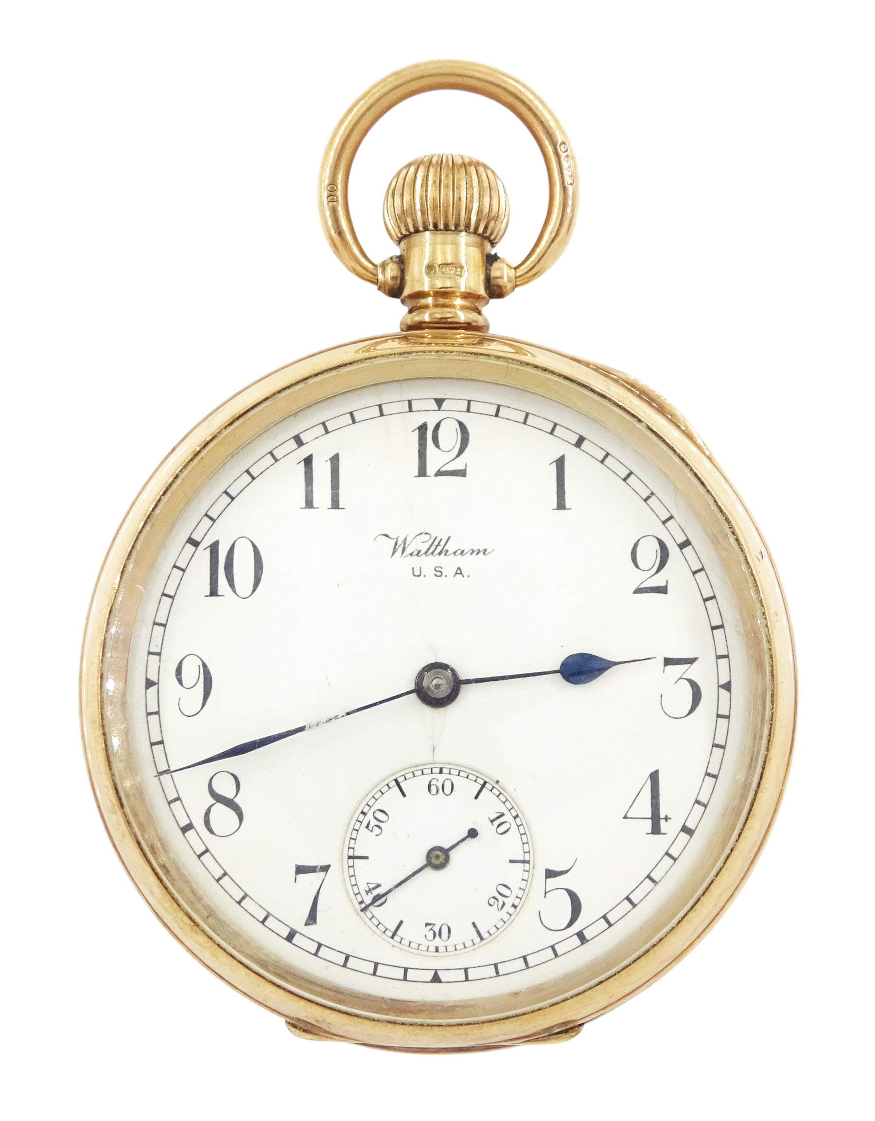 Early 20th century 9ct gold open face, keyless lever presentation pocket watch by American Watch Company, Waltham, No. 17507298, white enamel dial with Arabic hour markers and subsidiary seconds dial, case by Dennison, Birmingham